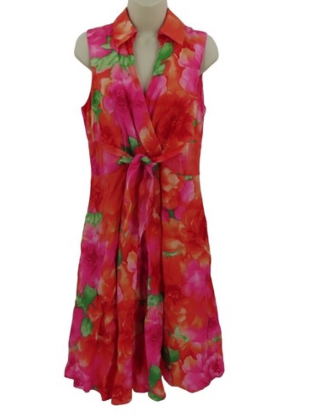 Jones New York Vibrant Pink Floral Tie-Waist Sleeveless Linen Dress